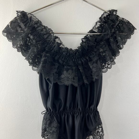 VTG Dolores For Poirette Black Sleep Bodysuit Lace Ruffle VNeck Pullover S Small - Picture 2 of 8